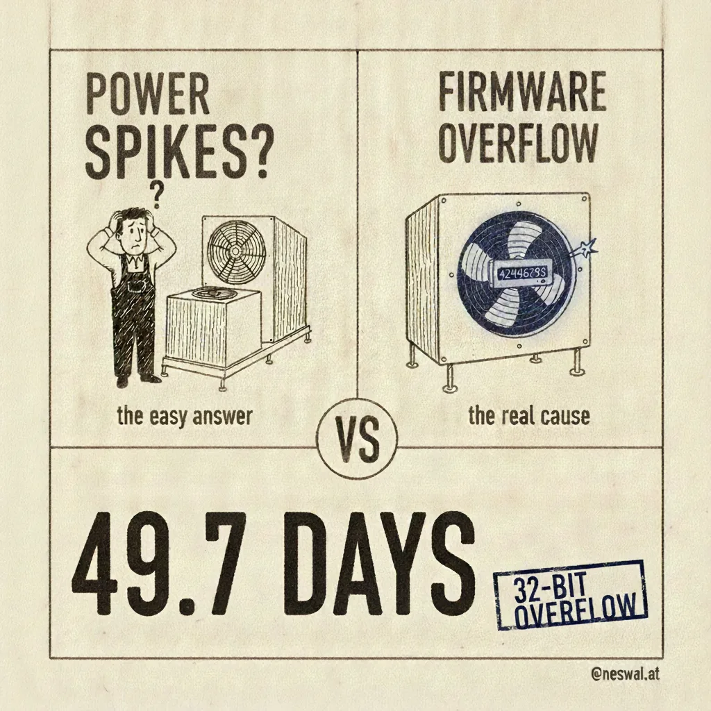 Comic: Links ein ratloser Techniker vor einer Lüftungsanlage („Power Spikes?“ – die bequeme Erklärung), rechts ein Ventilator mit überlaufendem Zähler („Firmware Overflow“ – die wahre Ursache). Große Headline: 49,7 Tage, Stempel: 32-Bit-Overflow.